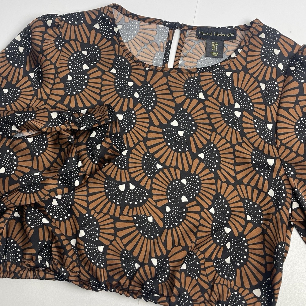 House of Harlow Womens S Brown Geometric Fan Print Long‎ Sleeve Crop Top Blouse